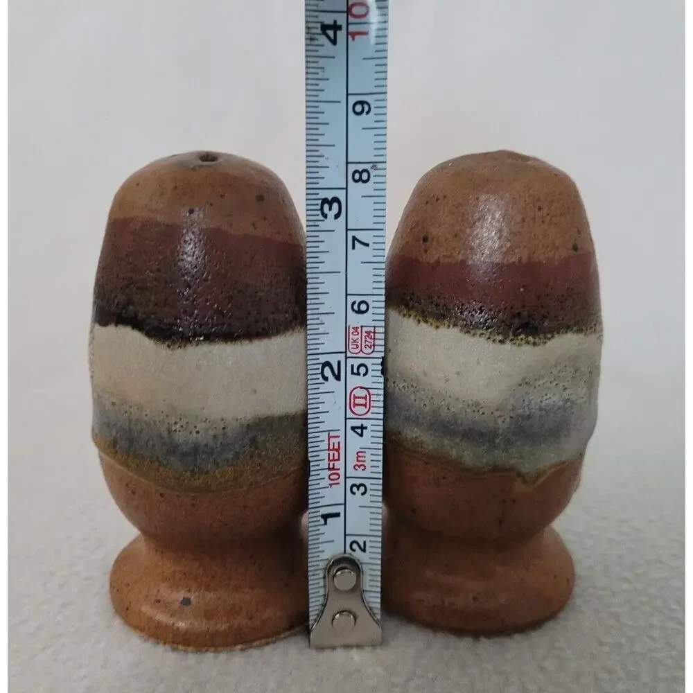 Vtg Set Brown Drip Glaze Heavy Pottery Salt Pepper Shakers Brown Horizon